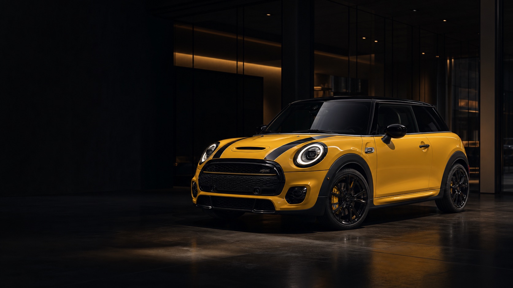 Yellow performance compact car in MINI GARAGE showroom